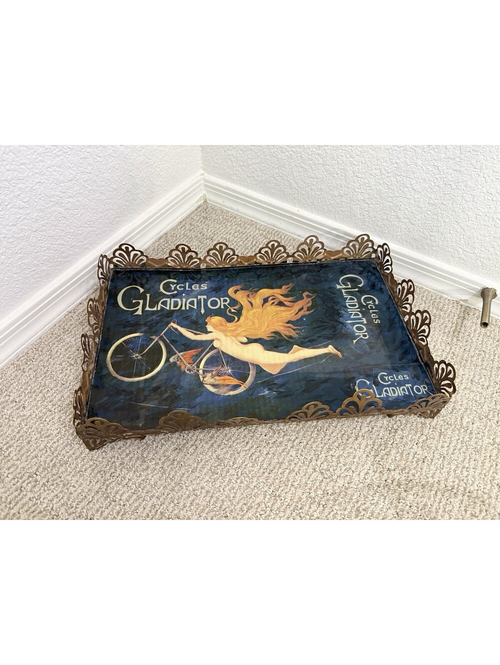 Vtg Style Cycles Gladiator Art Nouveau Bicycle Print Metal Vanity Tray